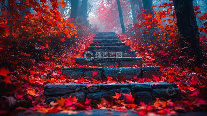 高清大图下载【趣麦麦图】秋日森林中的石阶小路
