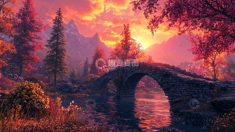 高清大图下载【趣麦麦图】落日余晖下的石拱桥