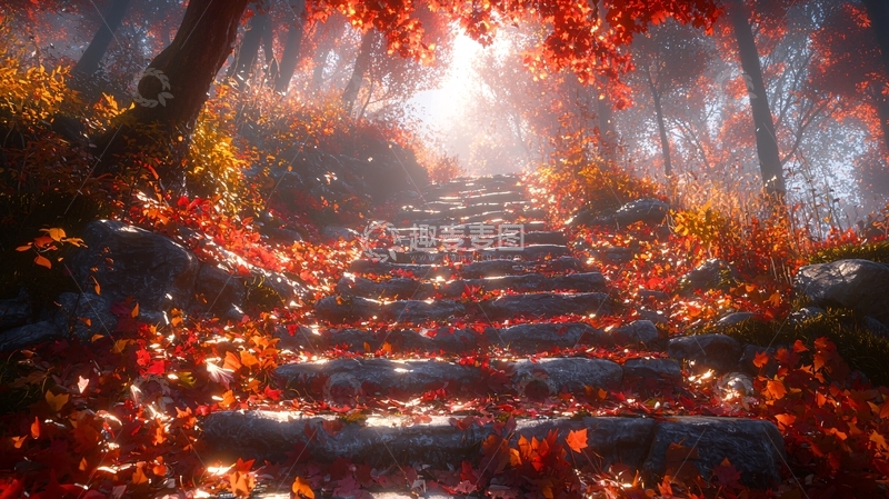 高清大图下载【趣麦麦图】秋日森林里的石阶小路