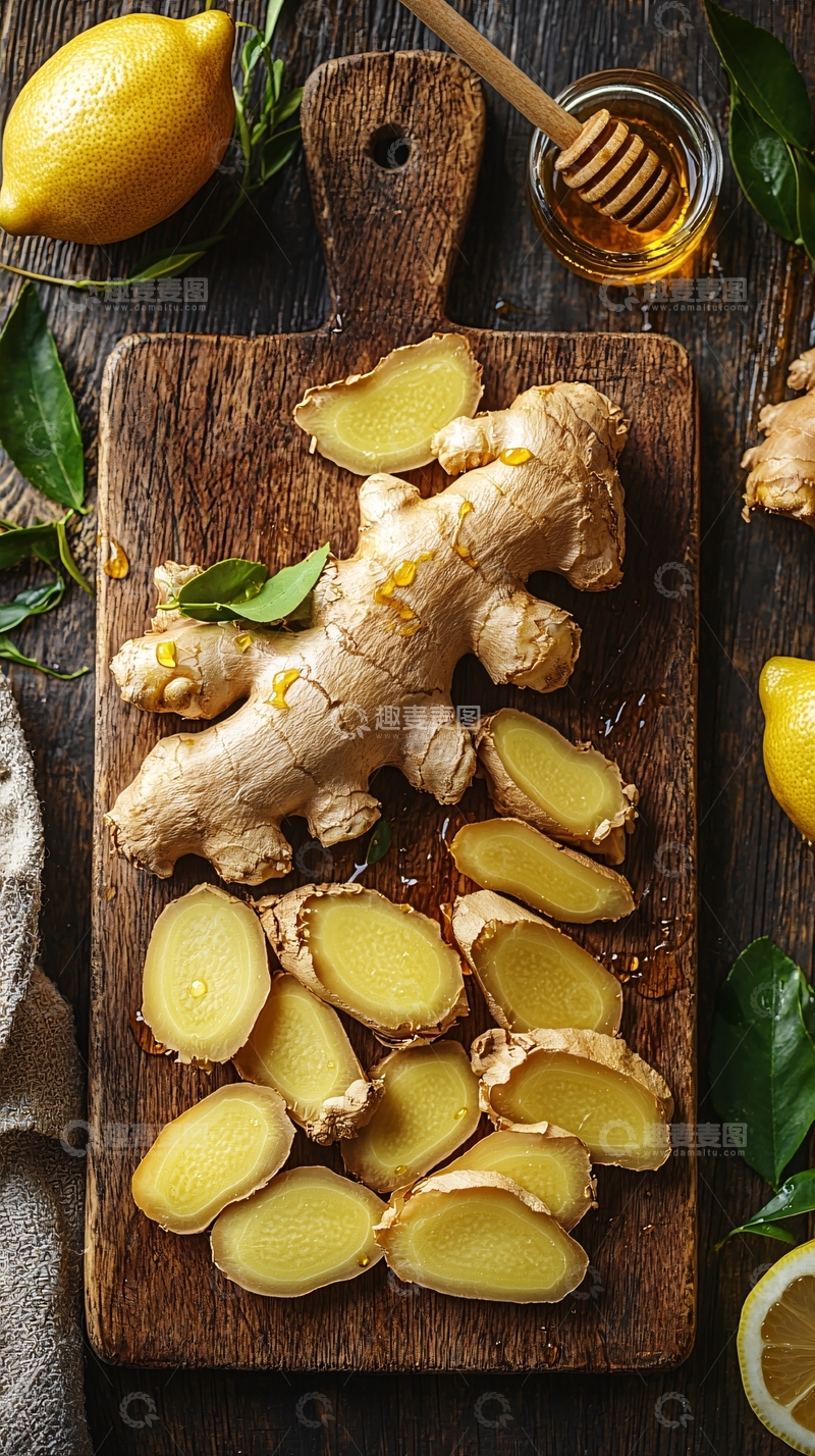 高清大图下载【趣麦麦图】姜和柠檬在木板上