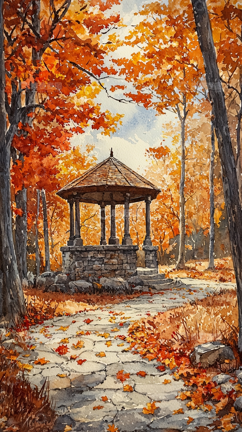 高清大图下载【趣麦麦图】秋日林荫小路凉亭