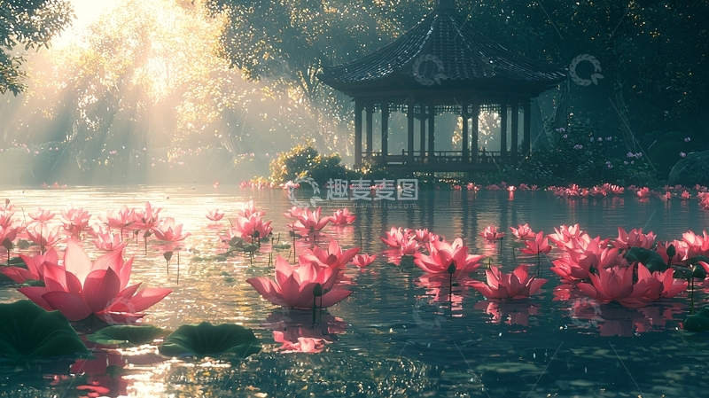 高清大图下载【趣麦麦图】亭台荷花池塘的唯美意境