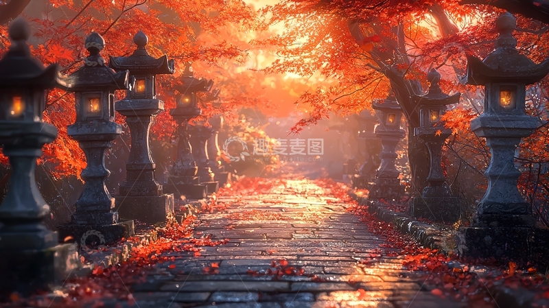 高清大图下载【趣麦麦图】秋日红叶小路石灯笼