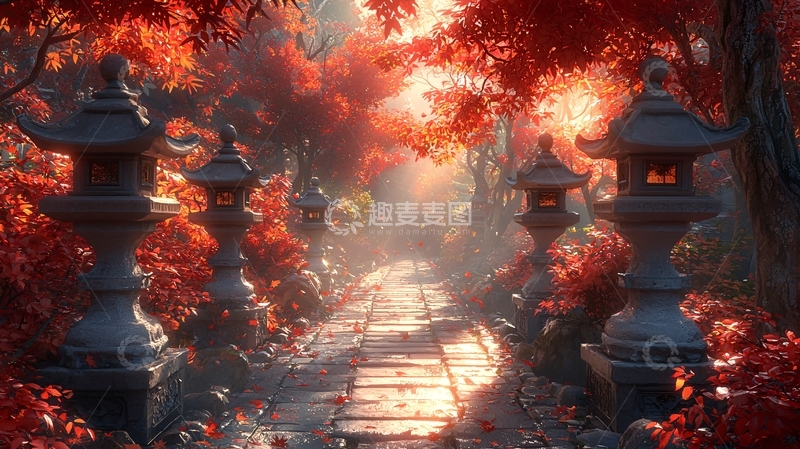 高清大图下载【趣麦麦图】秋日红叶石灯小路