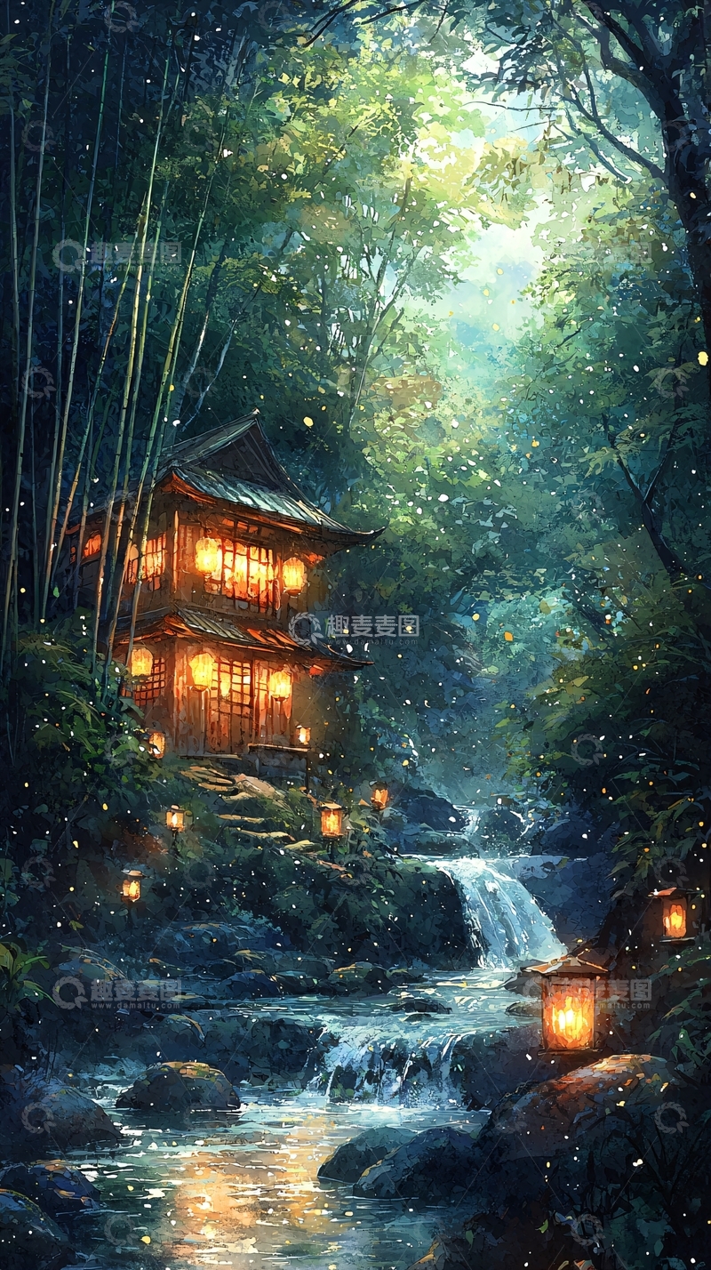 高清大图下载【趣麦麦图】森林小屋与溪流