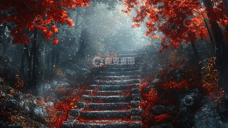 高清大图下载【趣麦麦图】秋日森林中的石阶小路