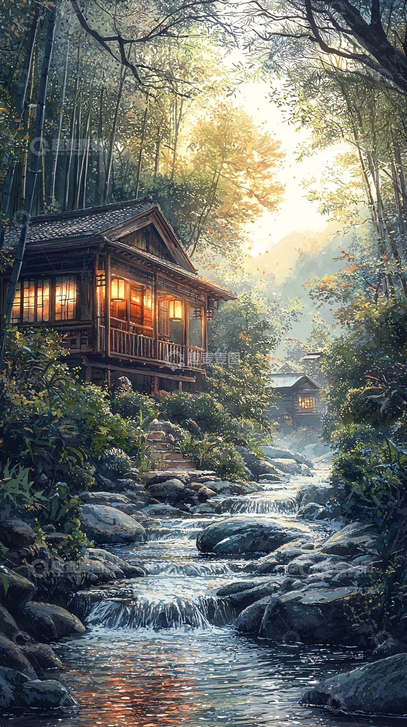 高清大图下载【趣麦麦图】山间溪流旁的日式小屋