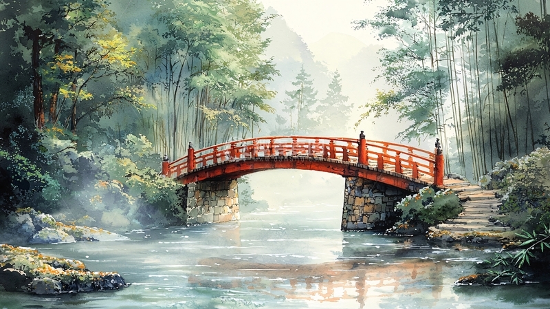 高清大图下载【趣麦麦图】水彩红桥森林风景画