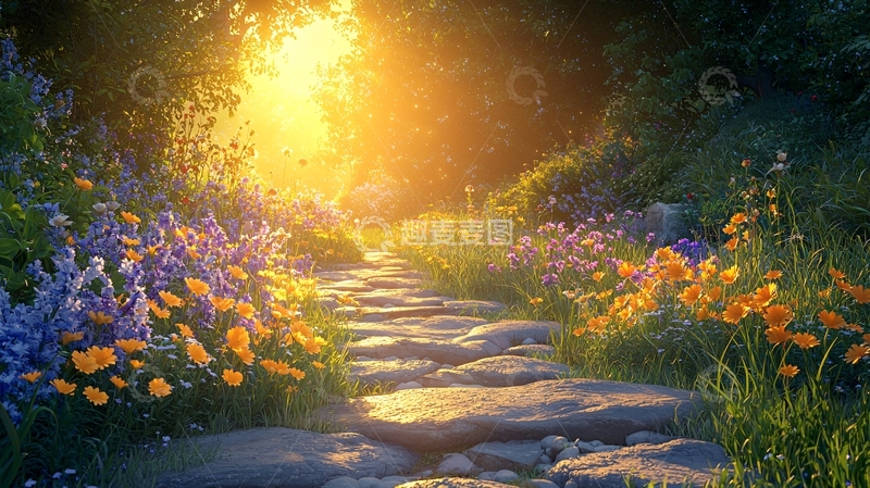 高清大图下载【趣麦麦图】阳光穿过花丛的小路