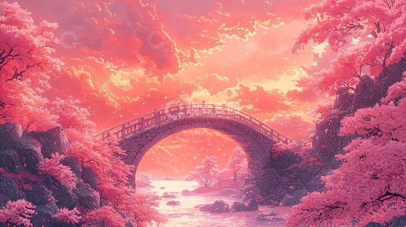 高清大图下载【趣麦麦图】粉色樱花桥浪漫唯美场景