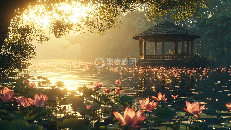 高清大图下载【趣麦麦图】宁静池塘亭台落日美景