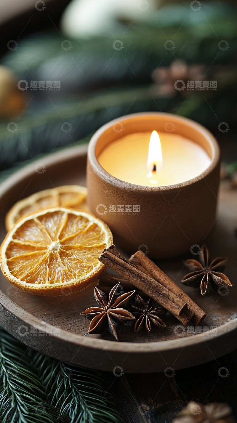 高清大图下载【趣麦麦图】燃烧的蜡烛与香料的静物