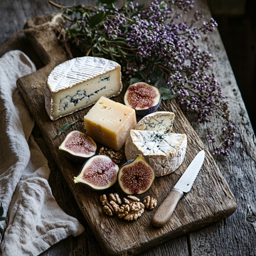 木板上的奶酪和无花果