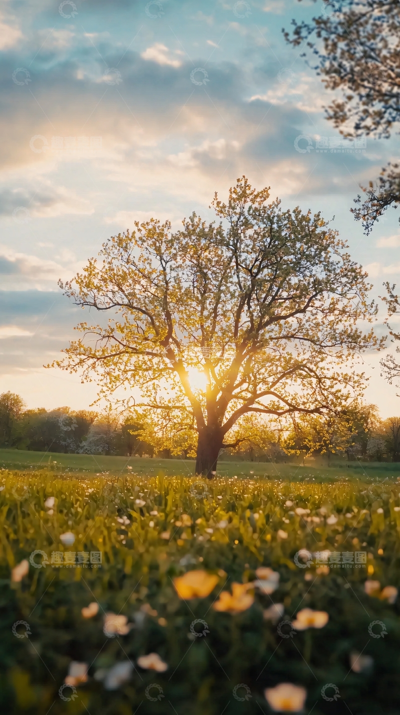高清大图下载【趣麦麦图】夕阳下草原上的大树