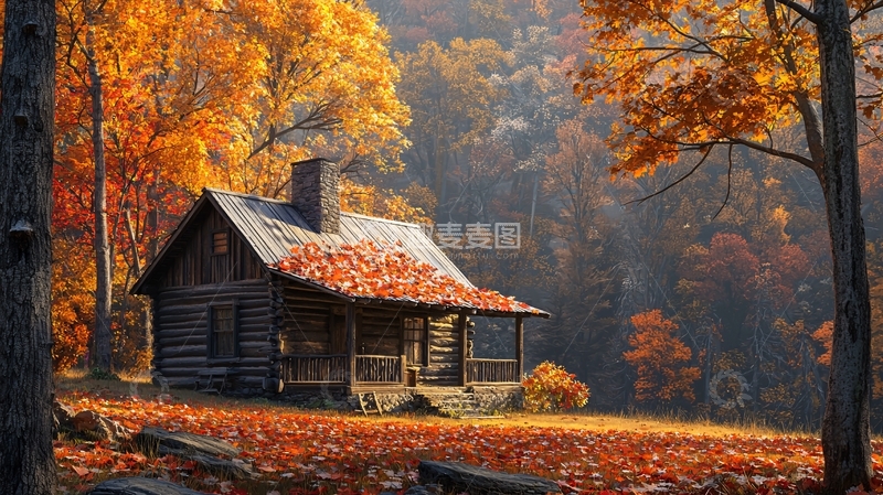 高清大图下载【趣麦麦图】秋日林中小屋