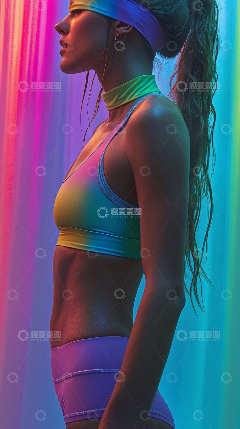 高清大图下载【趣麦麦图】彩色灯光下侧身女性