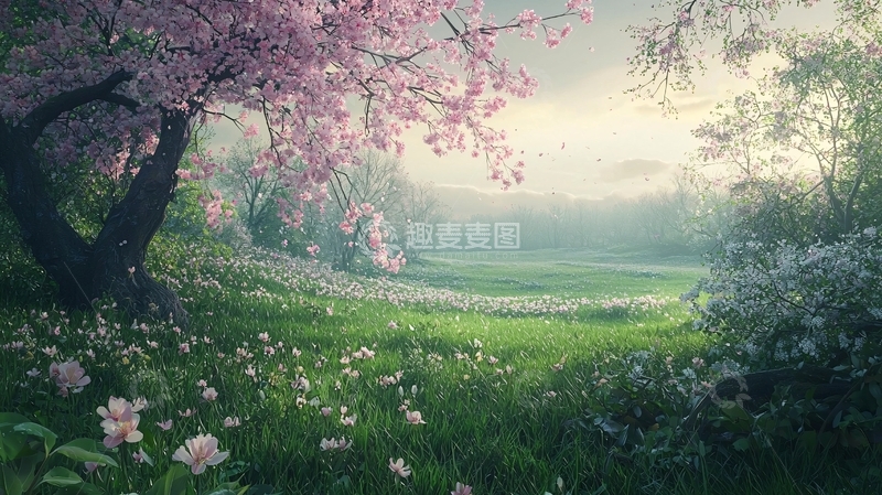 高清大图下载【趣麦麦图】梦幻樱花树下的绿地