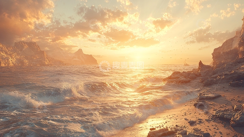 高清大图下载【趣麦麦图】金色阳光照耀的海滩