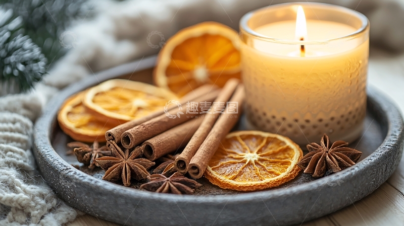 高清大图下载【趣麦麦图】香薰蜡烛与节日香料的静物