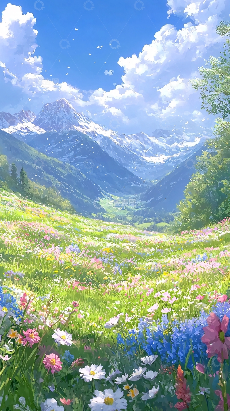 高清大图下载【趣麦麦图】阿尔卑斯山花海田园风光