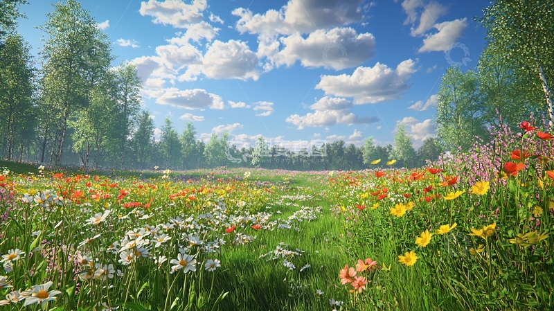 高清大图下载【趣麦麦图】阳光明媚的野花田