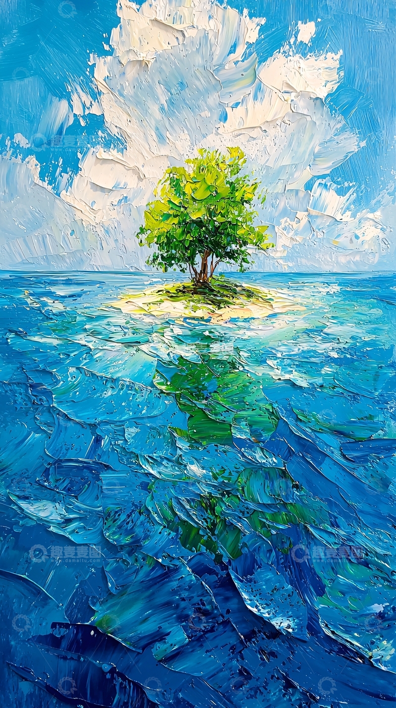 高清大图下载【趣麦麦图】海中孤岛的树与云