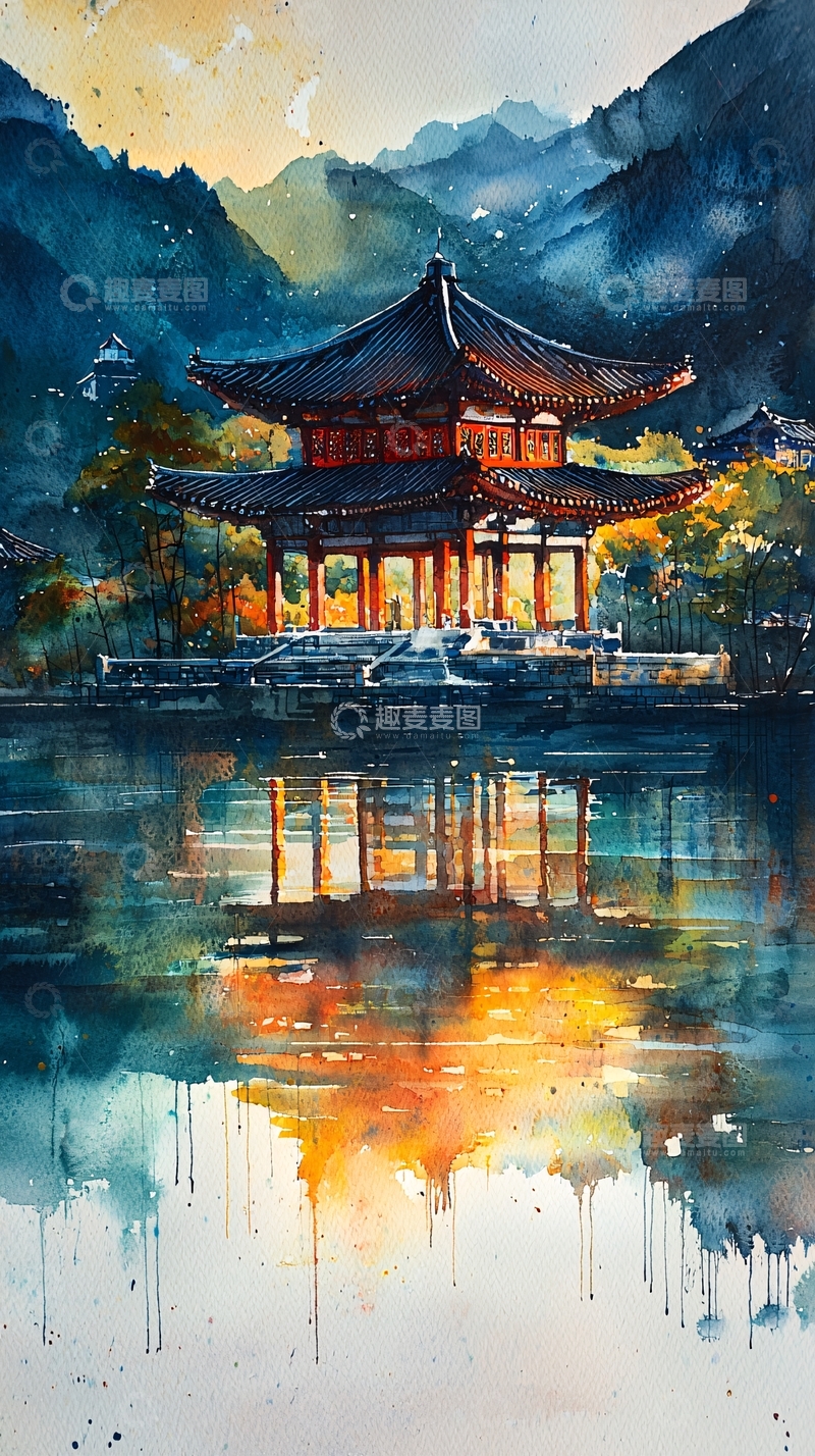 高清大图下载【趣麦麦图】水面倒影中的宝塔建筑