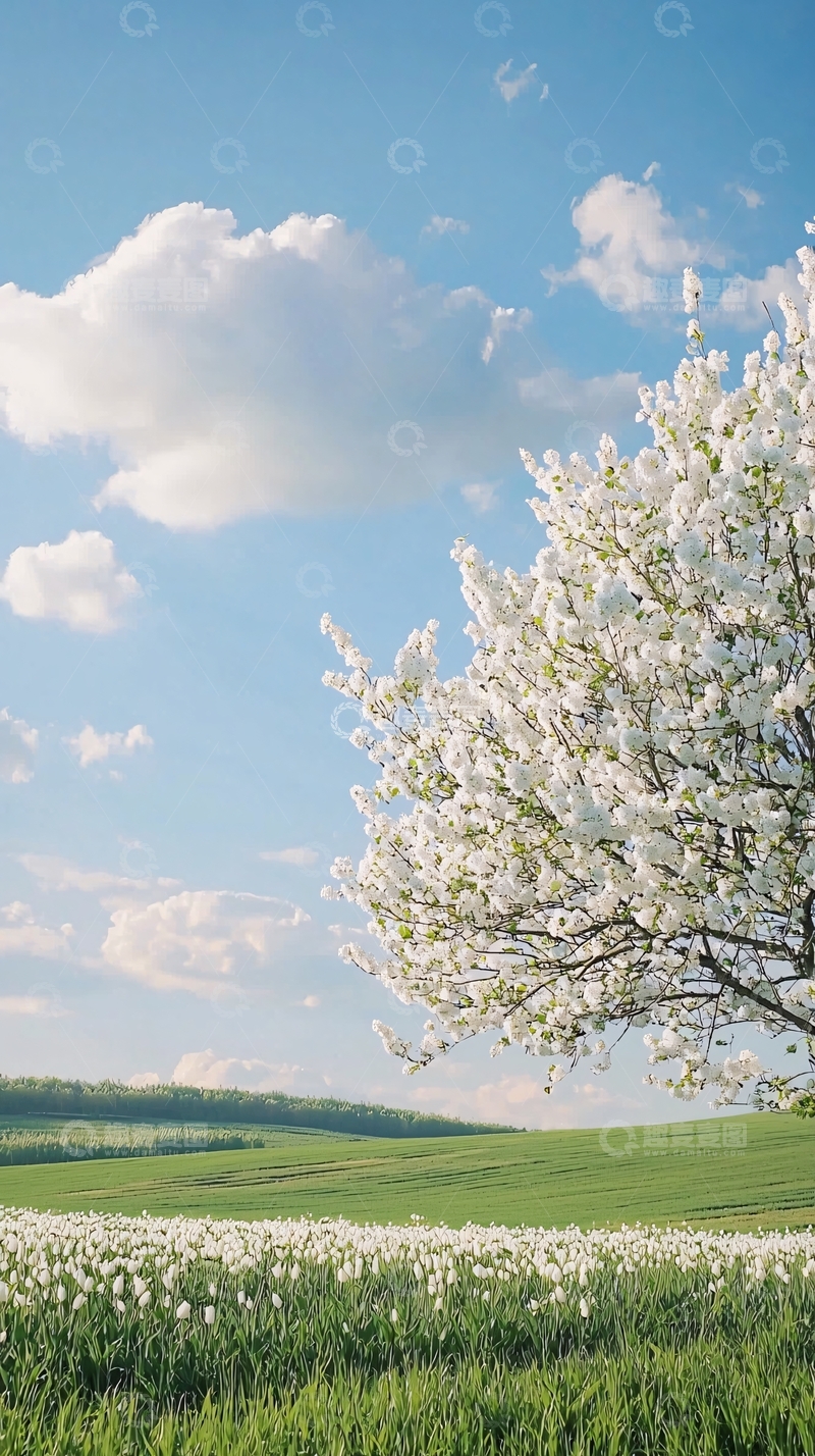 高清大图下载【趣麦麦图】盛开的白色花树和绿油油的田野