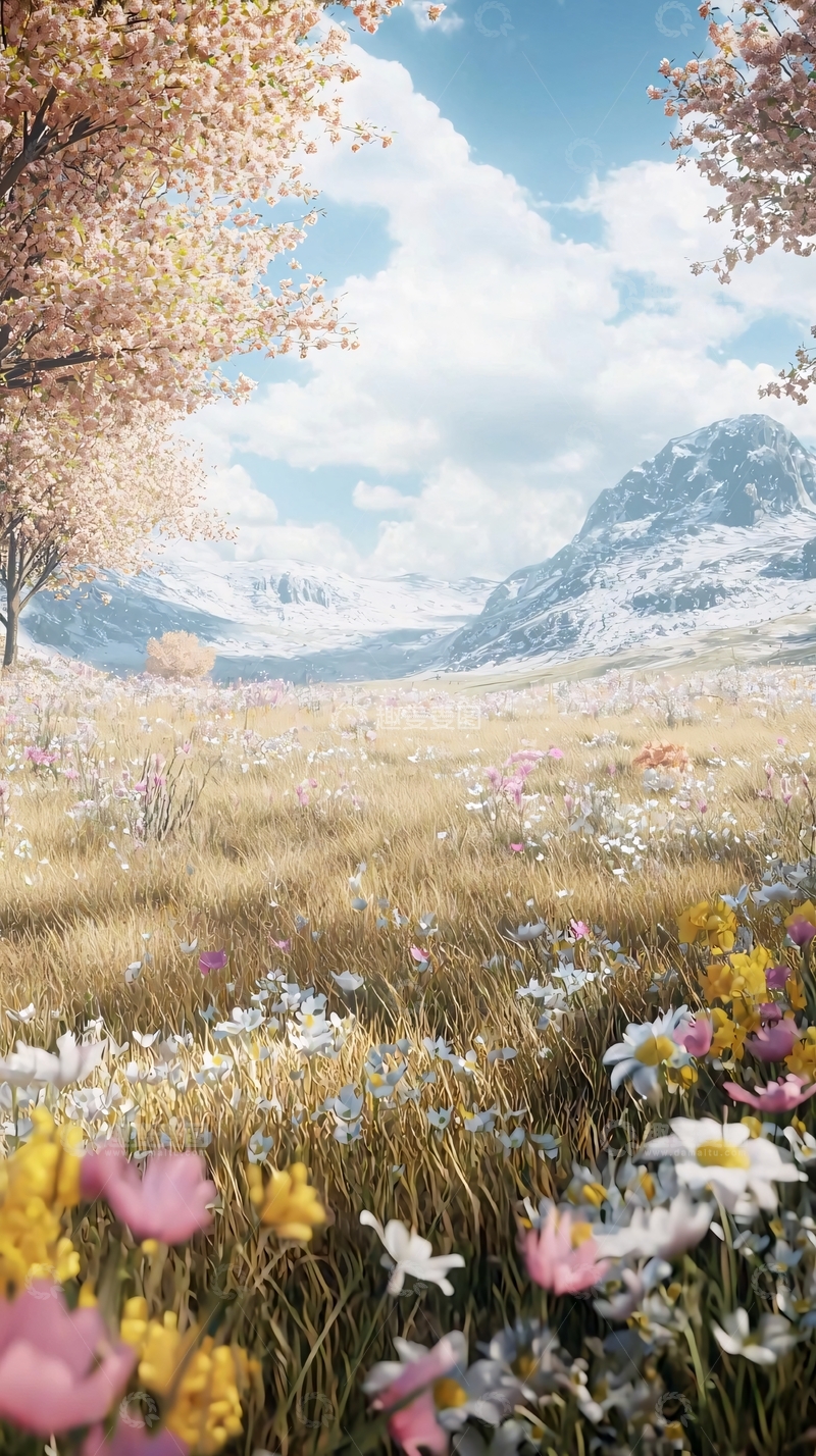 高清大图下载【趣麦麦图】春意盎然的雪山花田