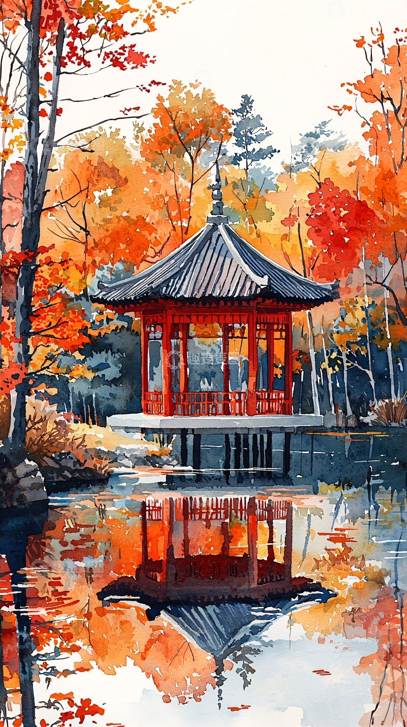 高清大图下载【趣麦麦图】秋日水面倒影亭子