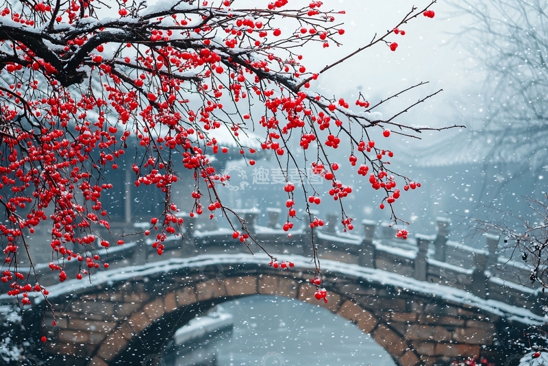 高清大图下载【趣麦麦图】雪中红果石桥