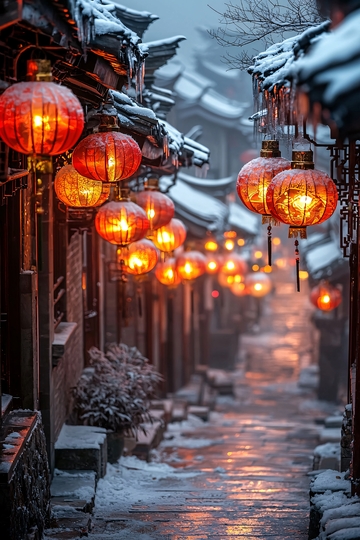 雪后古镇红灯笼