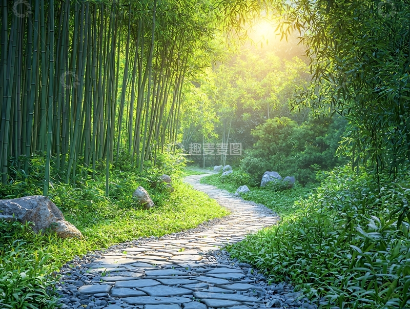 高清大图下载【趣麦麦图】阳光透过竹林小路