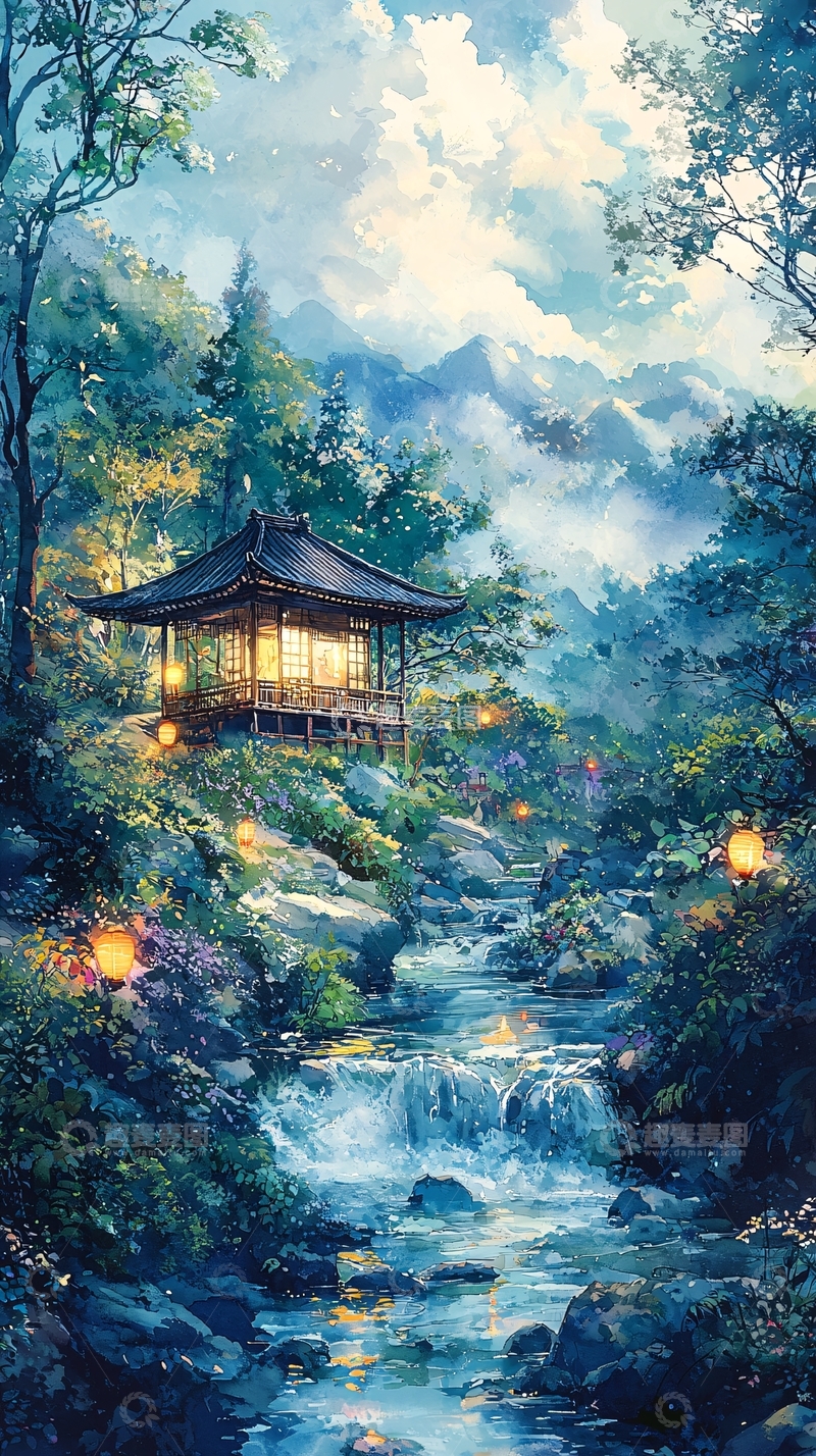 高清大图下载【趣麦麦图】山间小屋流水夜景