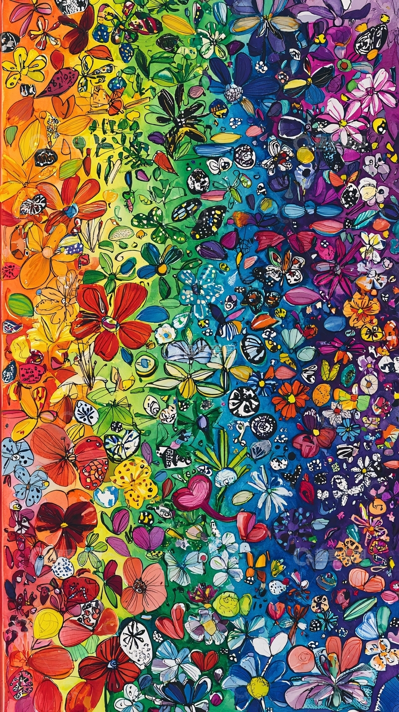 高清大图下载【趣麦麦图】彩虹花卉蝴蝶图