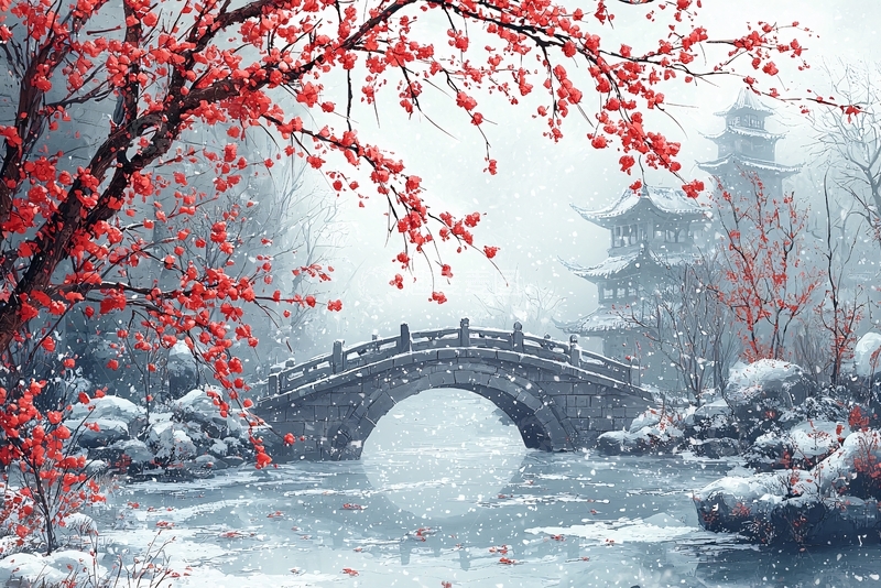 高清大图下载【趣麦麦图】雪景红梅古桥亭台