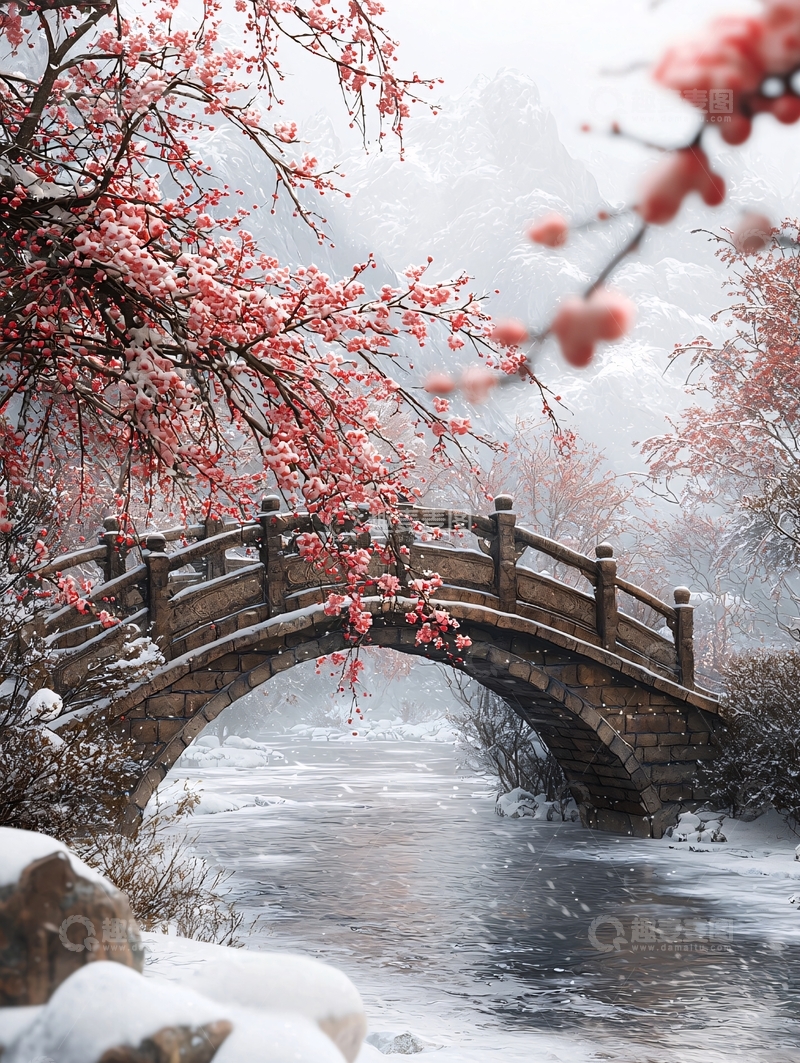 高清大图下载【趣麦麦图】雪中红梅石桥
