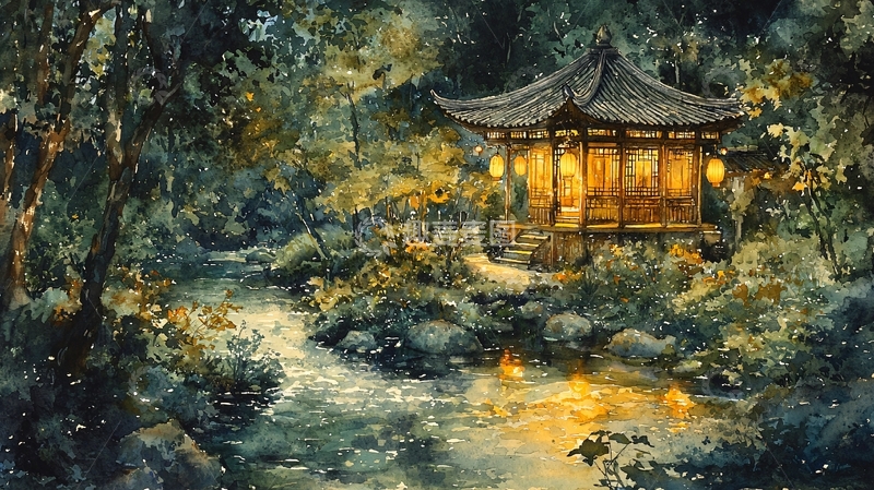 高清大图下载【趣麦麦图】夜景中式园林