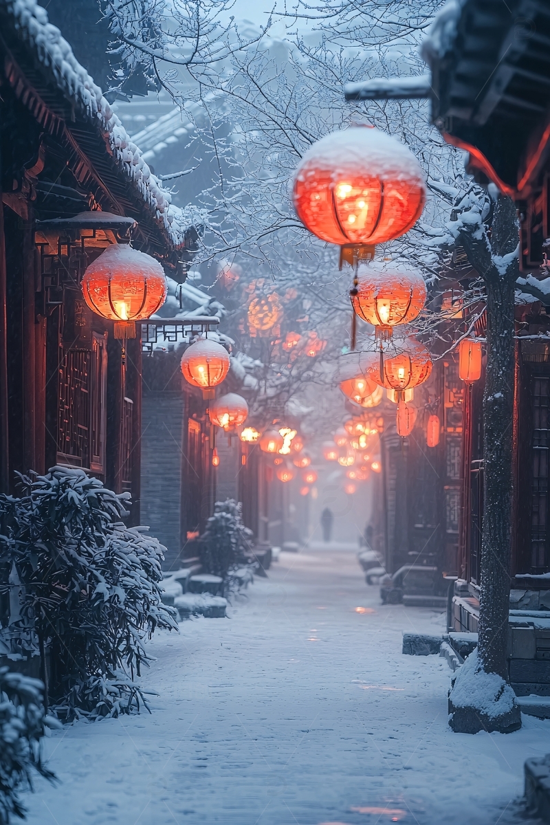 高清大图下载【趣麦麦图】雪后红灯笼巷道