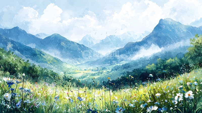 高清大图下载【趣麦麦图】山谷鲜花绿地蓝天白云
