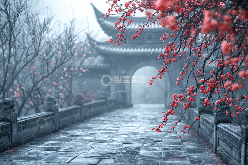 高清大图下载【趣麦麦图】古风建筑红色梅花意境