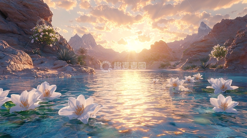 高清大图下载【趣麦麦图】日出山谷河流白花