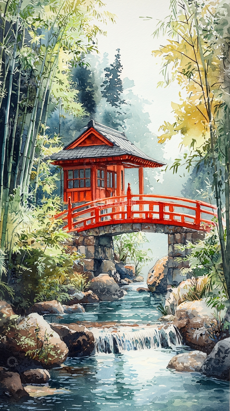 高清大图下载【趣麦麦图】红桥流水竹林景色