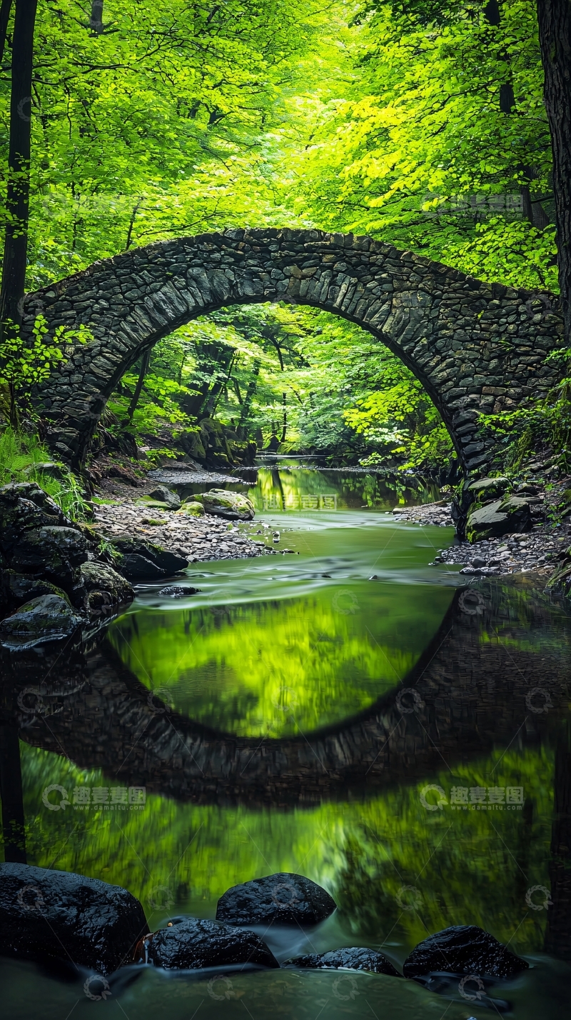 高清大图下载【趣麦麦图】石桥倒影绿树成荫
