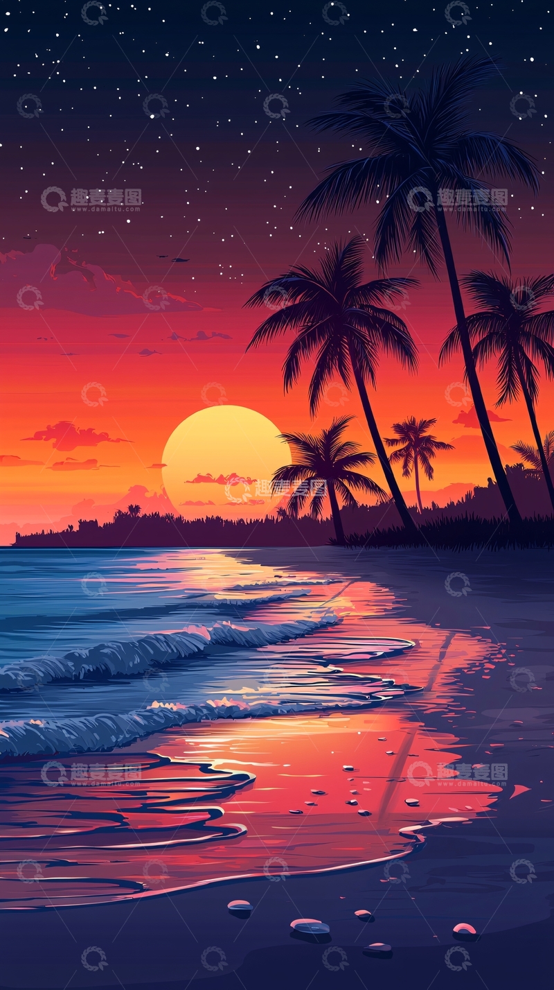 高清大图下载【趣麦麦图】落日椰树海滩风景
