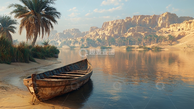 高清大图下载【趣麦麦图】沙漠绿洲中的小船