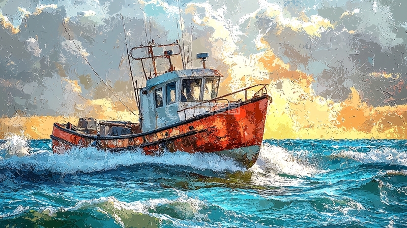 高清大图下载【趣麦麦图】海上渔船油画风格