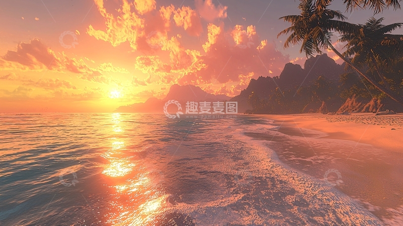 高清大图下载【趣麦麦图】海滩日落椰树唯美场景