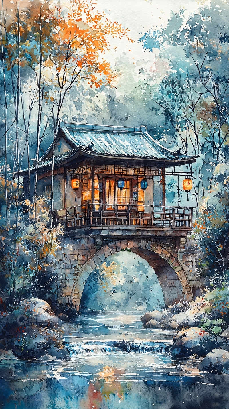高清大图下载【趣麦麦图】水彩风格的桥上小屋