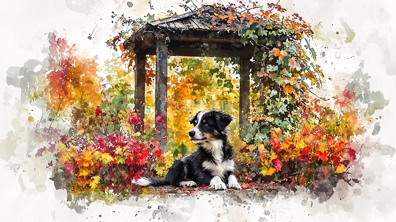 高清大图下载【趣麦麦图】秋日凉亭前的可爱小狗